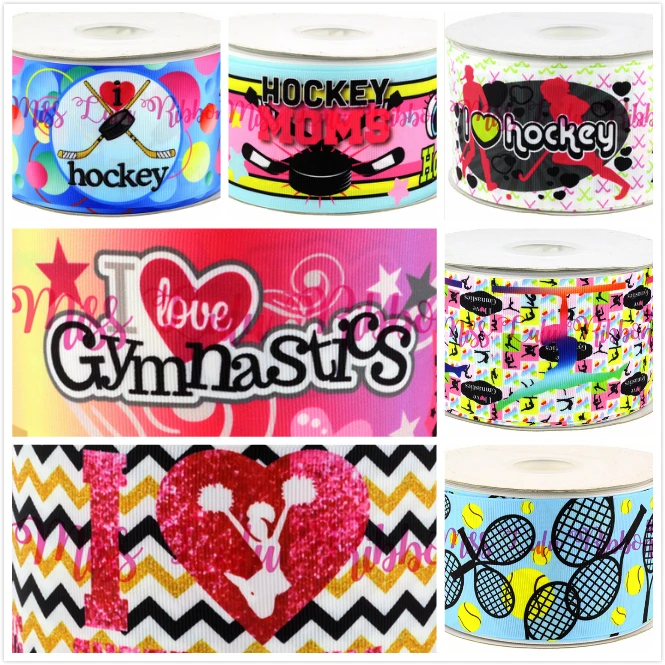 

16mm-75mm Tennis&Hockey Printed Grosgrain Ribbon Love Gymnastics&Leading Sport Patterns DIY Party Decor 50yards/roll