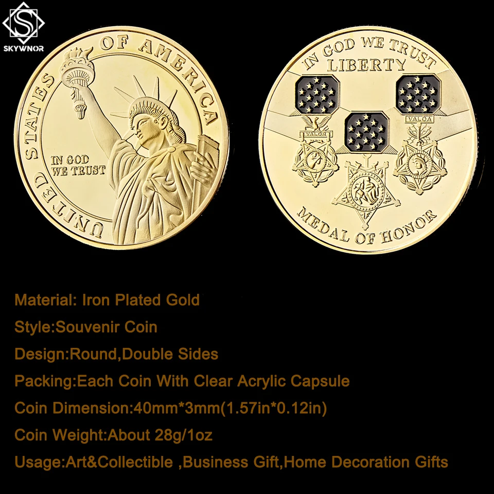 США в Боже мы доверяем медали чести золотой леди статуи Свободы вызов монета с