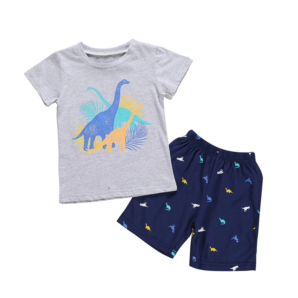 Summer Baby Cotton Children Kids Boy Clothing Set Cartoon Dinosaur Print Tops T-shirt+Shorts Pajamas Toddler Clothes | Детская одежда и