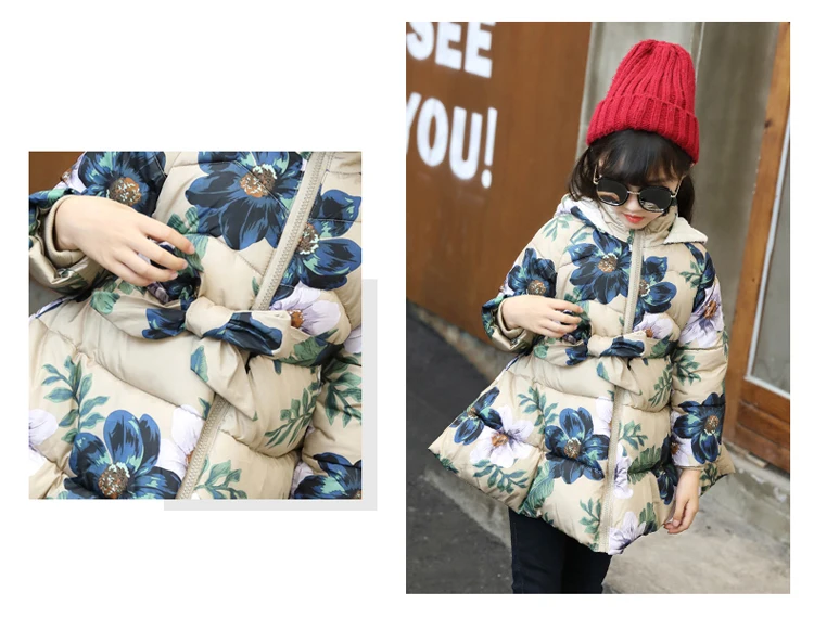 Winter 2018 coat Kid Baby Girl Floral Print Hooded Jacket Girls Kids Padded Long Sleeve Bow Casual Children's Outerwear | Детская