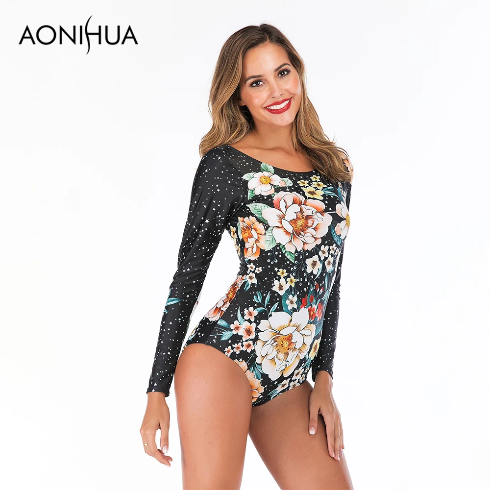 Слитный купальник Aonihua 2019 с цветочным принтом и подушечкой длинным рукавом