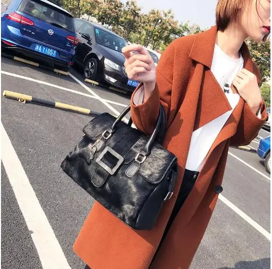 2019 split leather women's handbag real horsehair shoulder bag large capacity with belt buckle | Багаж и сумки