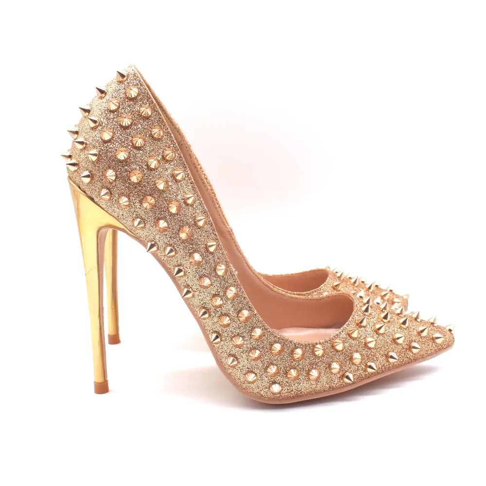 

Free shipping fashion women Pumps lady Gold glitter spikes Pointy toe high heels shoes size33-43 12cm 10cm 8cm Stiletto heels