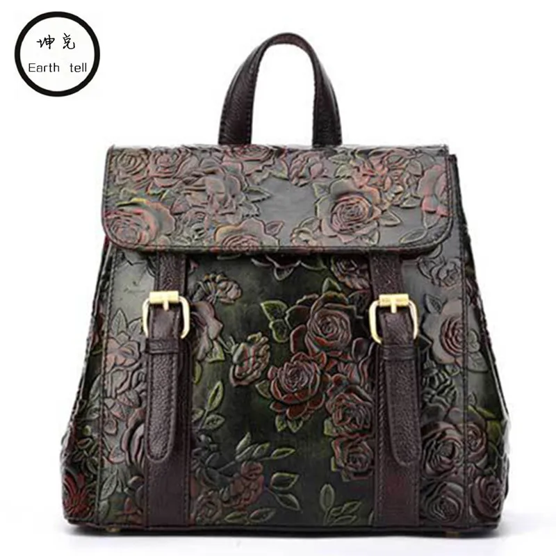 

Earth tell women embossed genuine leather backpack mansur lady real leather travel bag, girl retro schoolbag brand designer bags