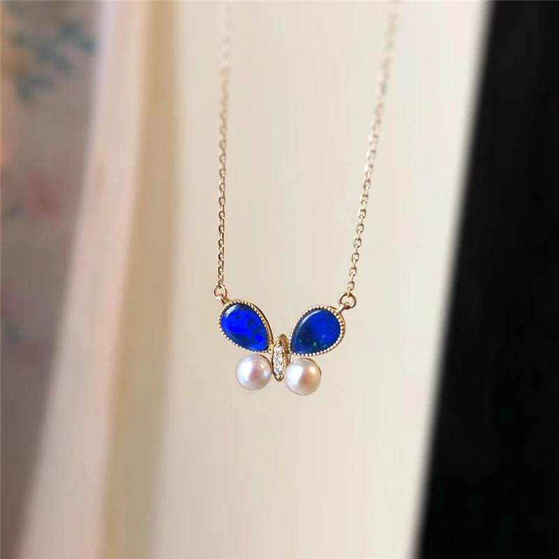 Aazuo 18K Yellow Gold Opal Akoya Pearl Butterfly Necklace Natual Blue Opalgifted for Women Valentine's Day Gift Link Chain | Украшения
