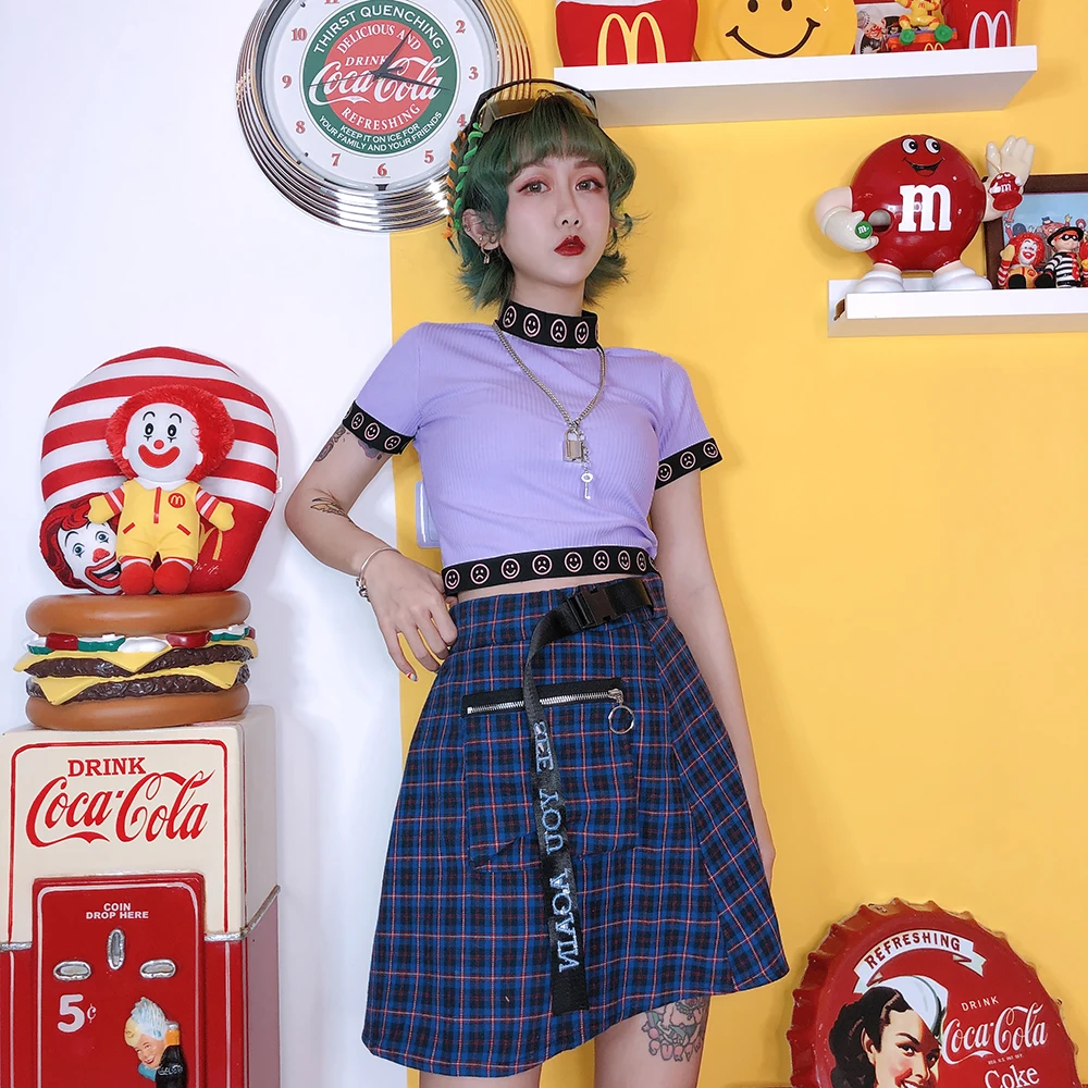 Harajuku/фиолетовый топ со смайликом для девочек, тонкий короткий воротник, тонкая футболка