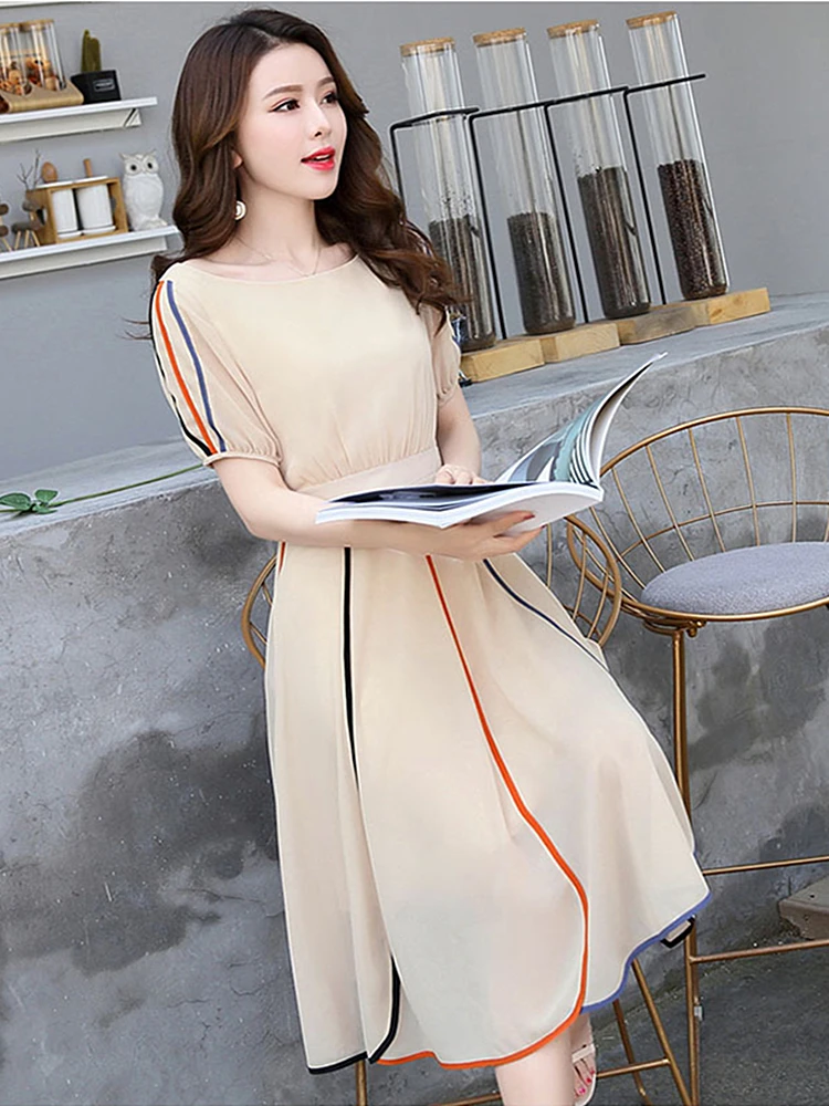 Женское шифоновое платье с высокой талией однотонное облегающее круглым вырезом