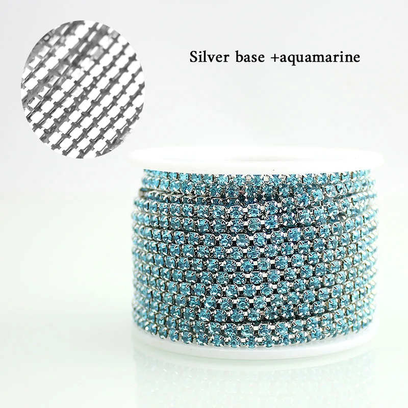 Sliver base auamarin SS6 2 мм 10 ярдов/рулон Золотая основа или Серебряная основа новые предложения Хрустальные Стразы DIY Аксессуары Закрытые Стразы цепочка - Цвет: Sliver base auamarin