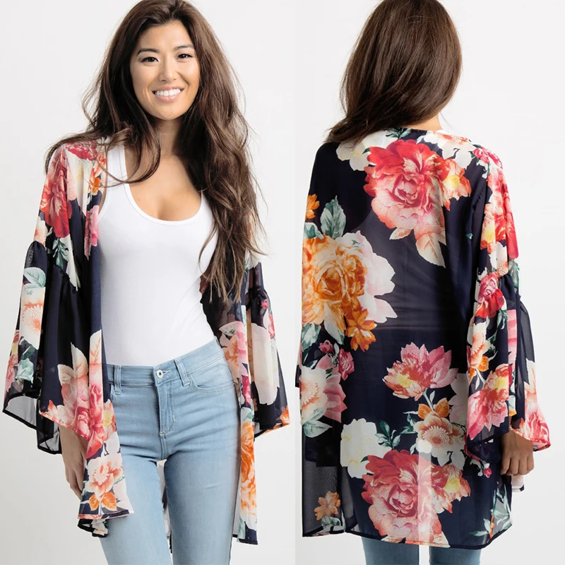 Мода Boho повседневное шифоновое кимоно для женщин цветочный принт длинный рукав свободный кардиган, пальто летняя Солнцезащитная пляжная одежда