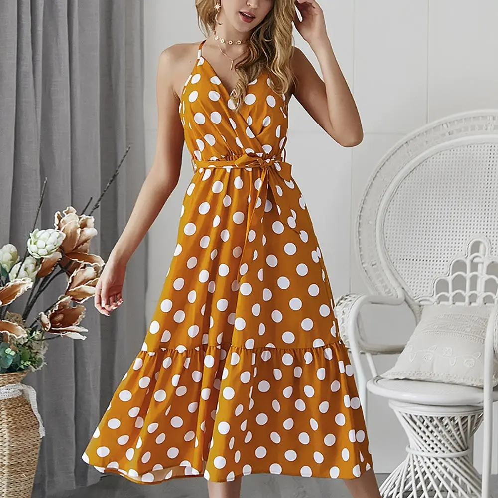 WildPinky Для женщин Boho горошек летнее пляжное платье миди Вечеринка v образным