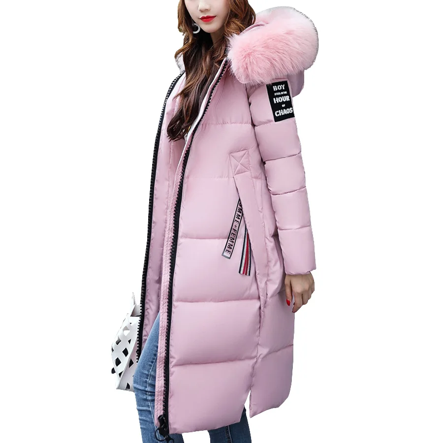 Зимняя куртка женская 2018 Меха воротник с капюшоном хлопка ватник Длинные зимнее