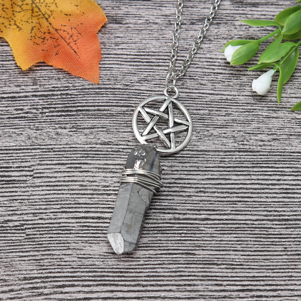 Аура серый кварц Wicca очарование кулон ожерелье грубые камни необработанные