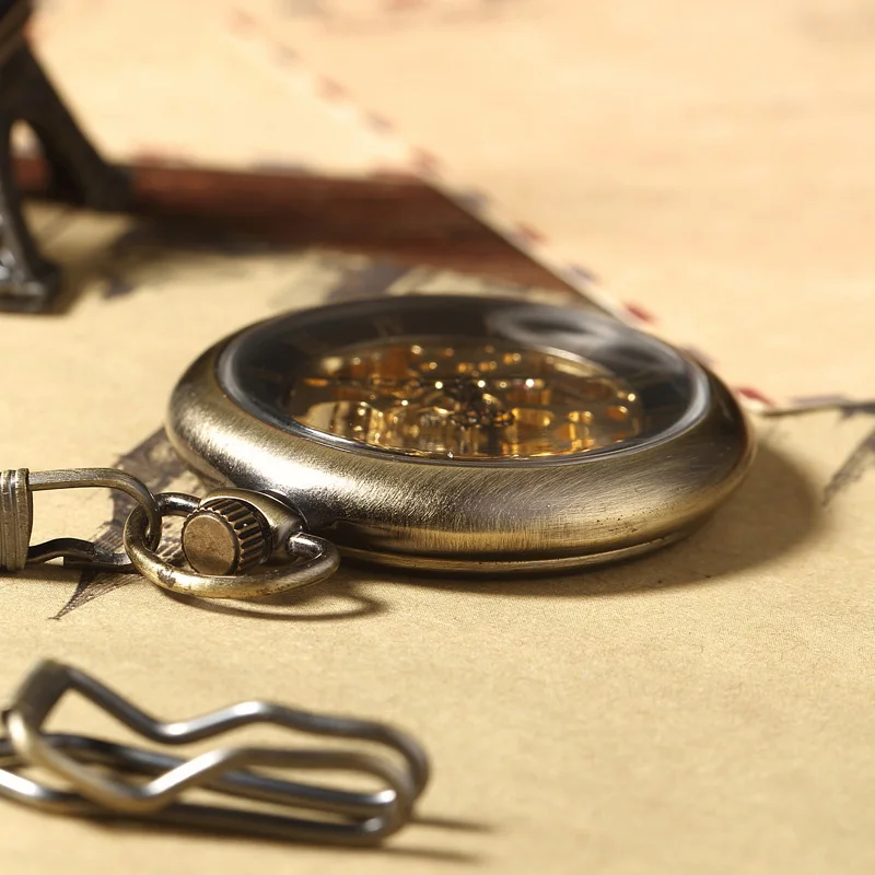 Retro Bronze Skeleton Mechacnical Hand-winding Mens Pocket Watch FOB Chain Roman Numbers Smooth Steel Women Unisex Pocket Watch