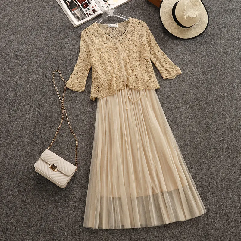 2019 new fashion women's two piece dress elegant slim super fresh two-piece mesh gauze summer | Женская одежда