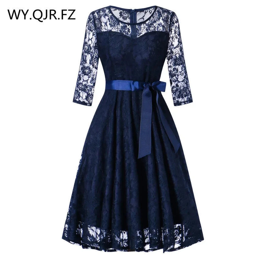 OML516l # короткие темно синие кружевные платья подружки невесты с круглым вырезом и