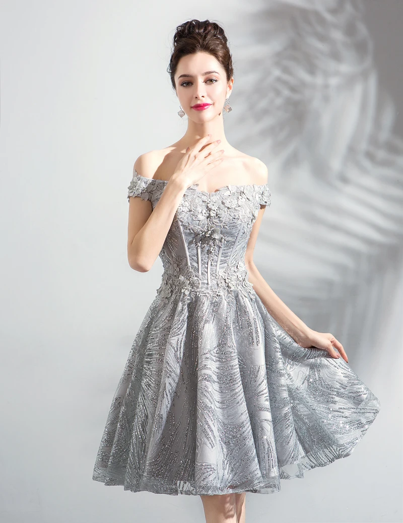 SSYFashion Новые короткие коктейльные платья Банкетный сладкий серый кружевной