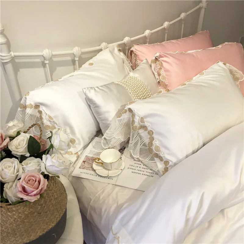 Princess luxury White Pink Violet Romantic lace silk Cotton Wedding Bedding Set Duvet Cover Bed sheet Linen Pillowcases 4pcs | Дом и сад