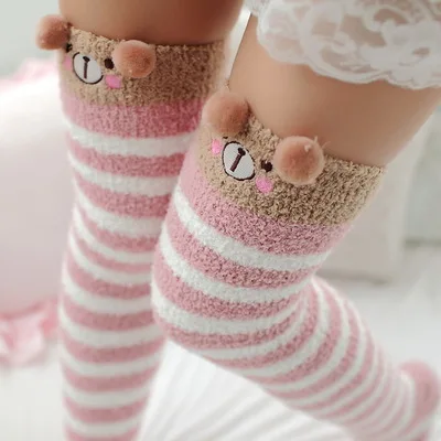 Japanese Mori Girl Animal Modeling Knee Socks Striped Cute Lovely Kawaii Cozy Long Thigh High Socks Compression Winter Warm Sock