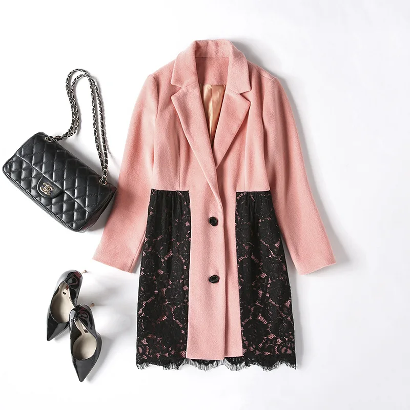 

Women's New double-sided cashmere coat lace long single-breasted woolen coat pink elegant cosy warm slim overcoat