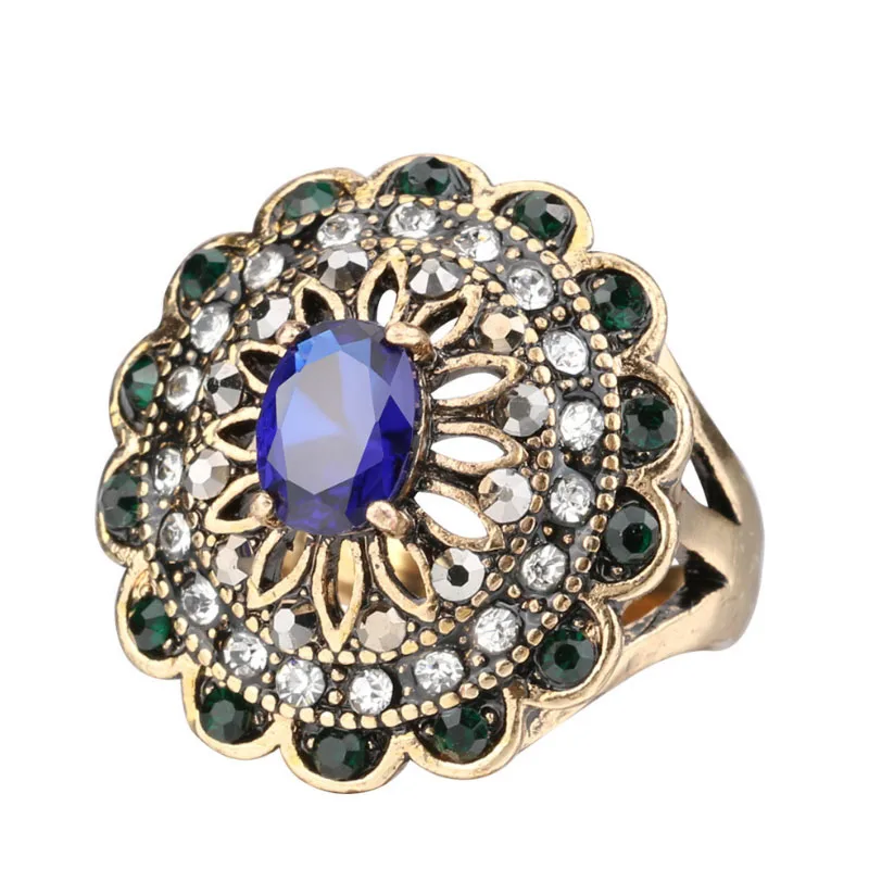 

Hot 2018 Flower Crystal Wedding Rings For Women Vintage Look Round Gold Color Blue Resin Turkey Jewelry