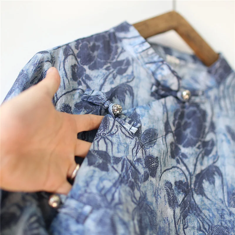 Женские стильные рубашки и блузки в китайском стиле Осенние новые синие топы с