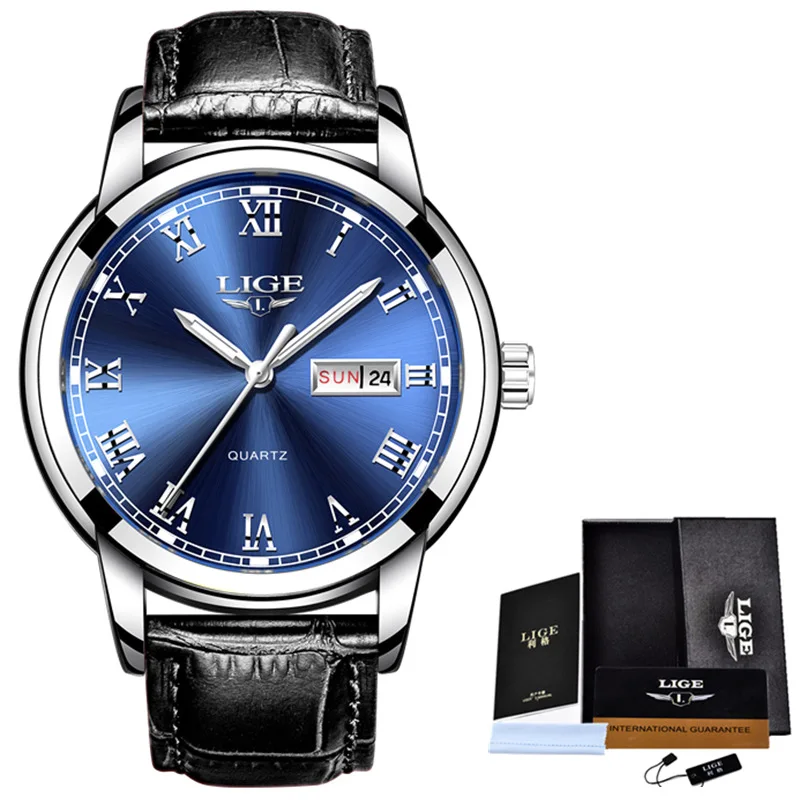 Leather Silver Blue LIGE часы мужские модные спортивные Кварцевые полностью стальные золотые деловые мужские s часы Лидирующий бренд Роскошные водонепроницаемые часы Relogio Masculino - Цвет: Leather Silver Blue