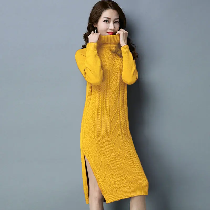 Yellow Вязанные женские платья Vangull, Осеннее, плотное, длинный рукав, водолазка, женское, длинное платье, зима, новые, одноцветные, с разрезом, свободные платья - Цвет: Yellow