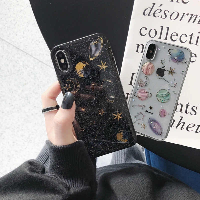 Роскошный блестящий милый чехол для телефона Space Planet iPhone XS MAX XR X 7 8 Plus прозрачная