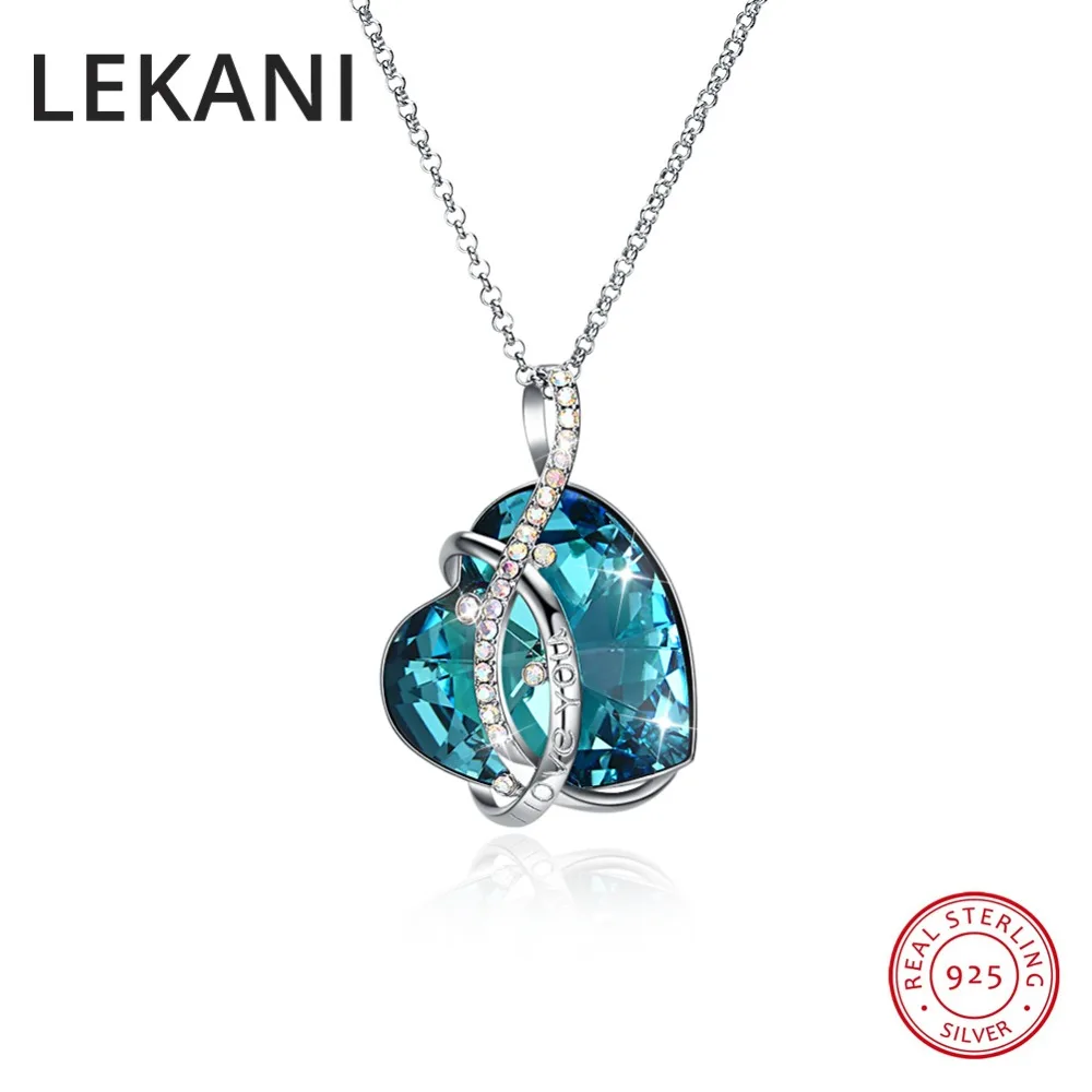 

LEKANI 925 Silver Max Blue Heart Pendant Necklace Crystals From Austria Long Chain Colares For Women Gifts Luxury Fine Jewelry
