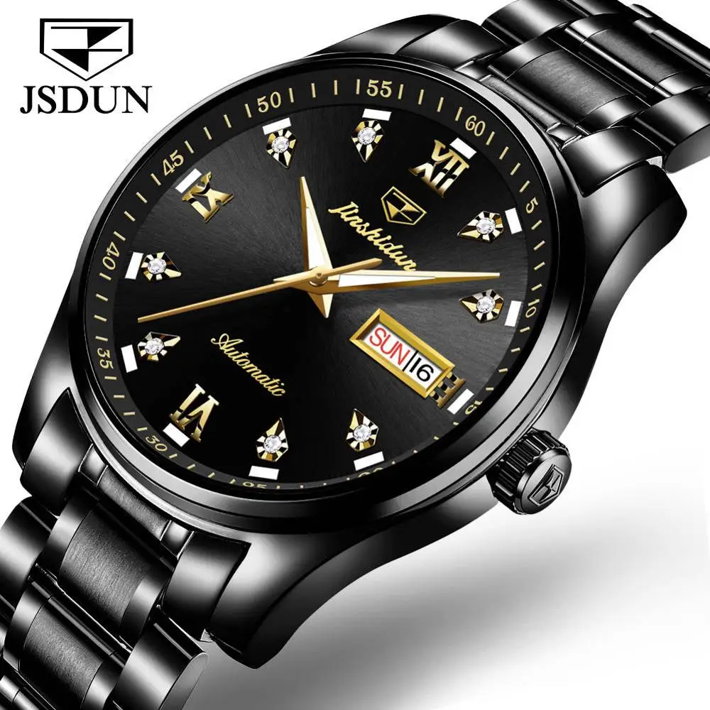 Men all black Женские часы, мужские часы JSDUN, роскошные парные часы для влюбленных, нержавеющая сталь, механик, автоматический механизм, водонепроницаемые, relogio - Цвет: Men all black