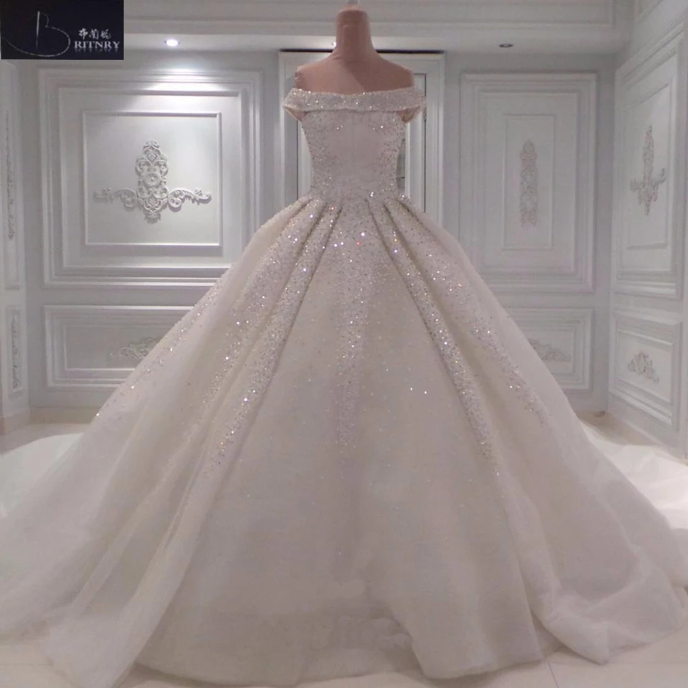 High Quality Off the Shoulder Ball Gown Plus Size Wedding Dress Beaded Cathedral Train Wedding Gowns