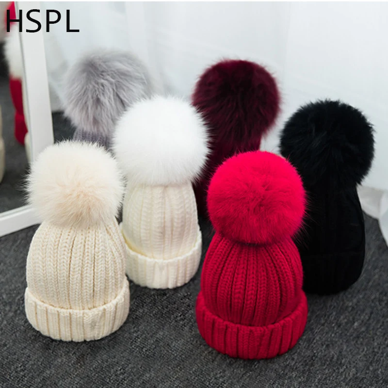 HSPL шапка из лисьего меха женская вязаный свитер черная бини для зимы модные