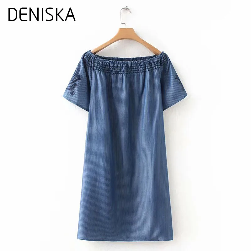 Summer 2018 Women Striped Vintage Blue Denim Dress Lady Short Sleeve Floral Embroidery Sexy Off Shoulder Plus Size | Женская одежда