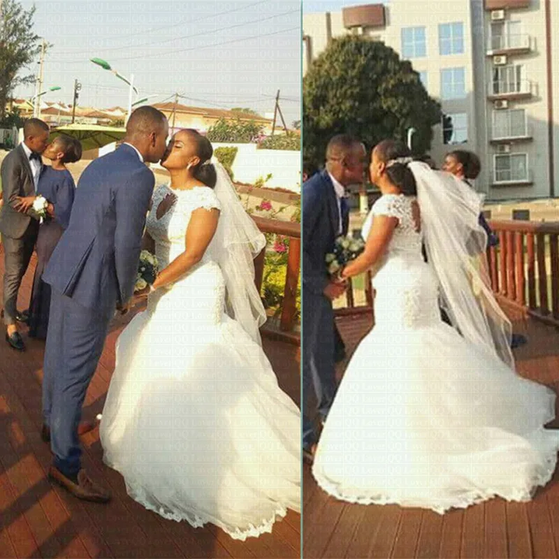 

New Open Back African Mermaid Wedding Dress 2019 Sheer Neck Bridal Gowns