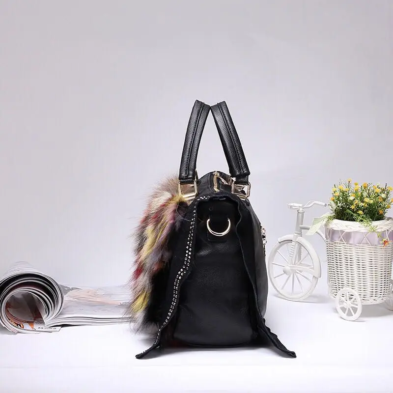 Женская сумка мессенджер из мягкой натуральной кожи с мехом|bag casual woman|designer shoulder