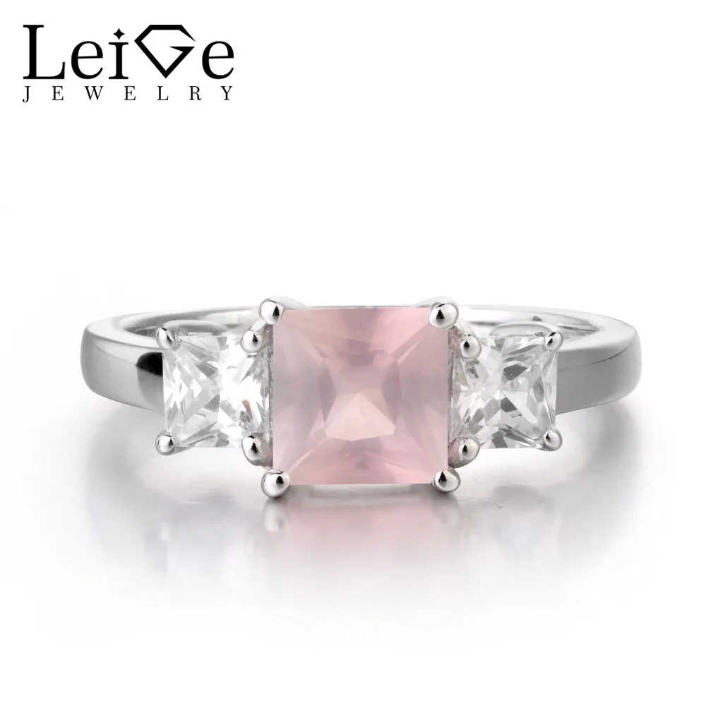 

Leige Jewelry Solitaire Ring Real Natural Pink Quartz Ring Wedding Ring Princes Cut Pink Gemstone 925 Sterling Silver Ring Gifts