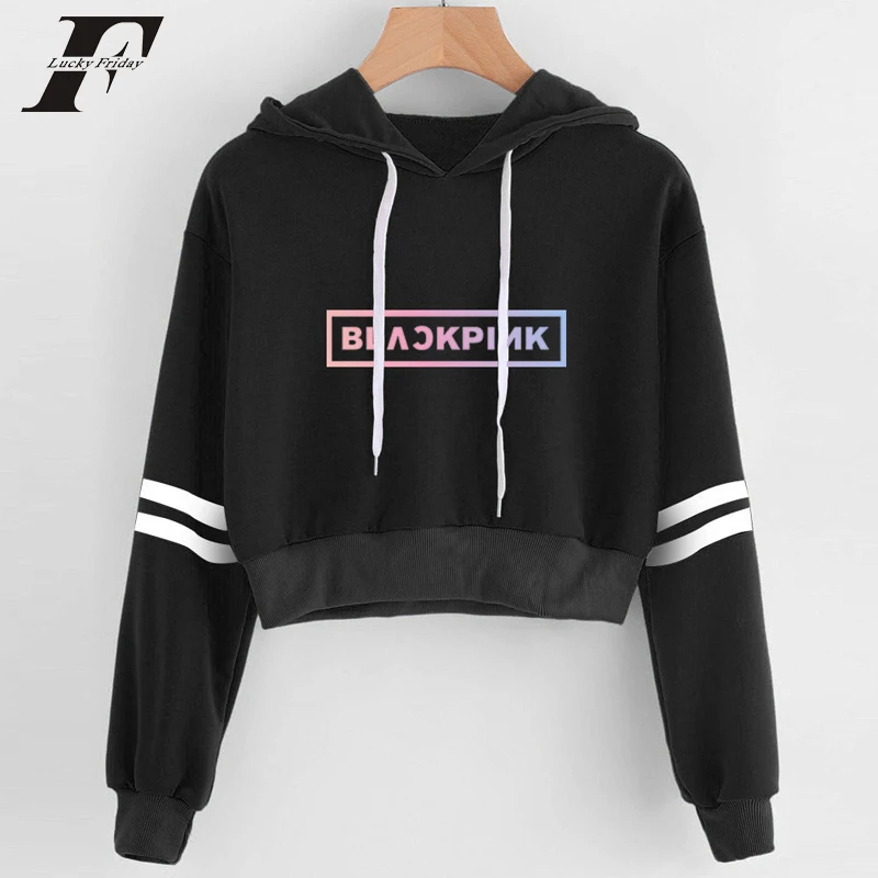Новинка, черный розовый kpop укороченный топ, толстовка с капюшоном, Женская Корейская Сексуальная уличная одежда с принтом Харадзюку, женская повседневная одежда