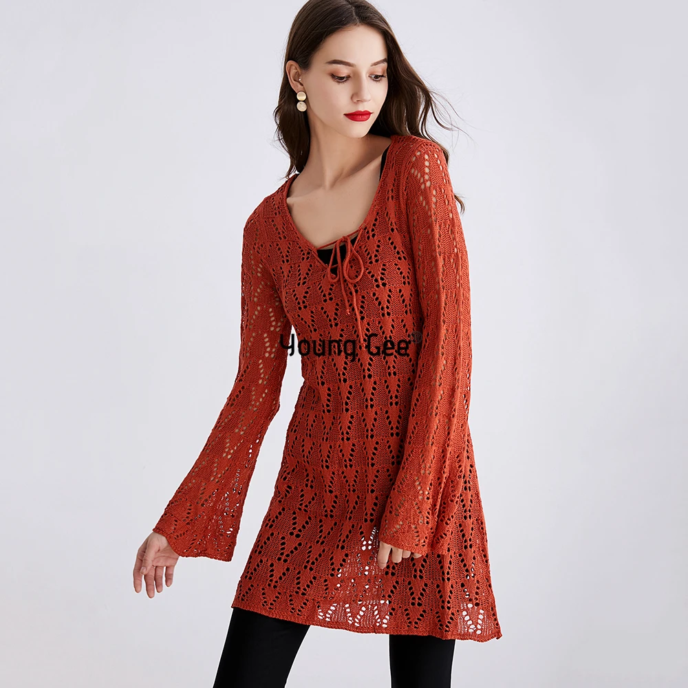 Young Gee Sweaters Women Casual Knitted Long Flare Sleeve Tops Crochet Floral Female High Street Chic Lace Up Pullover Jumper | Женская