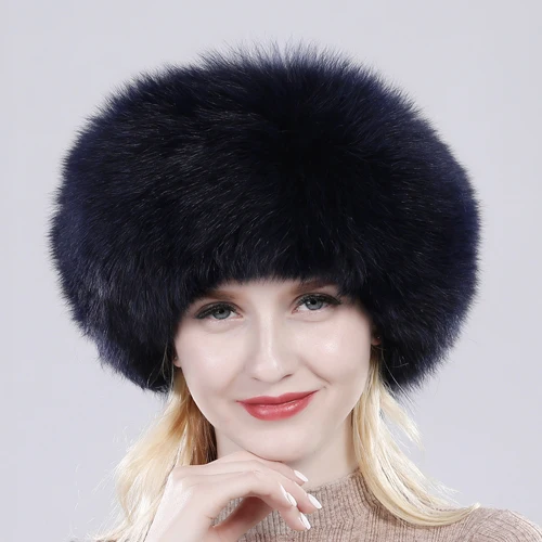 New Style Fashin Girl Genuine Fox Fur Hat Warm Soft Natural Fox Fur Bomber Caps Lady Luxurious Quality Real Fox Fur Hats - Цвет: Dark blue
