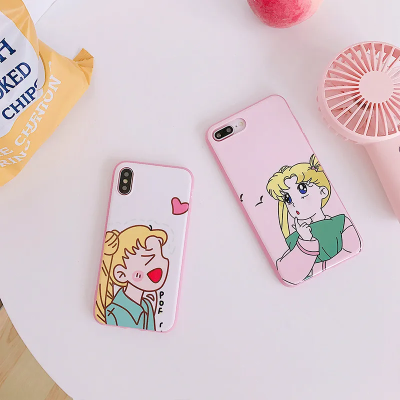 Kawaii Pink Japanese Anime Cartoon Sailor Moon Phone Case For iPhone 6 6Puls 6S 7 8 Puls X Cases Tempered Glass Back Cover Coque |