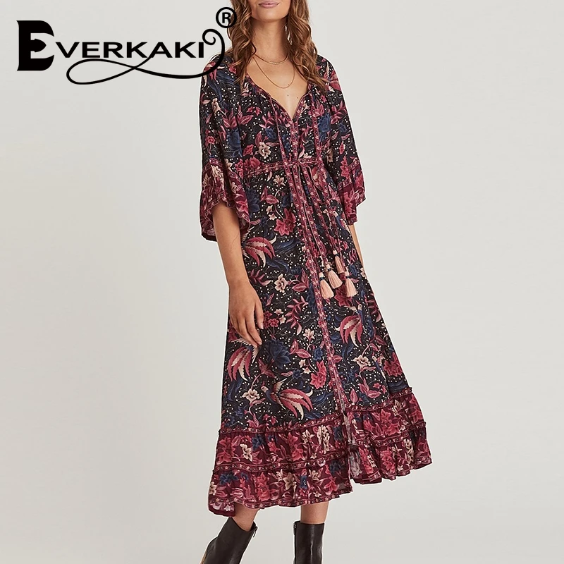 Женское винтажное платье макси Everkaki длинное однобортное пляжное с кисточками и