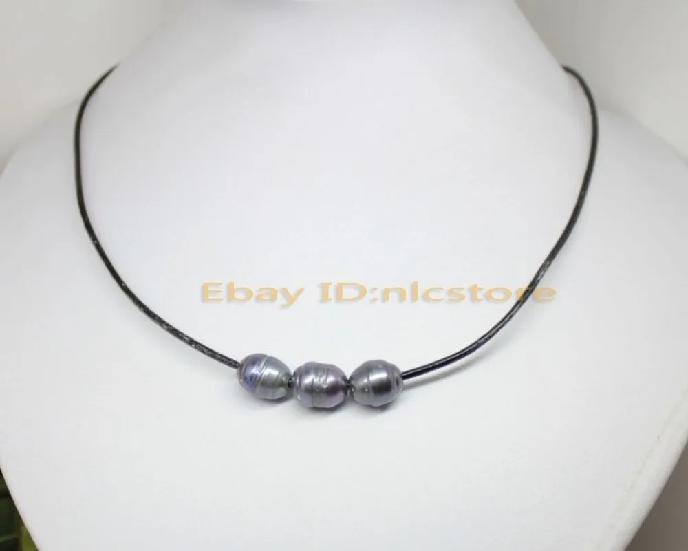 Настоящее сочетание цветов рост 3 жемчуг черная кожа ожерелье 17 &quot мода
