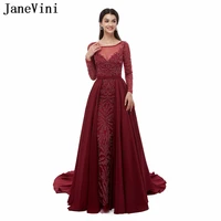 janevini luxury crystal burgundy long sleeves evening dresses with detachable train scoop neck heavy beading satin formal gowns