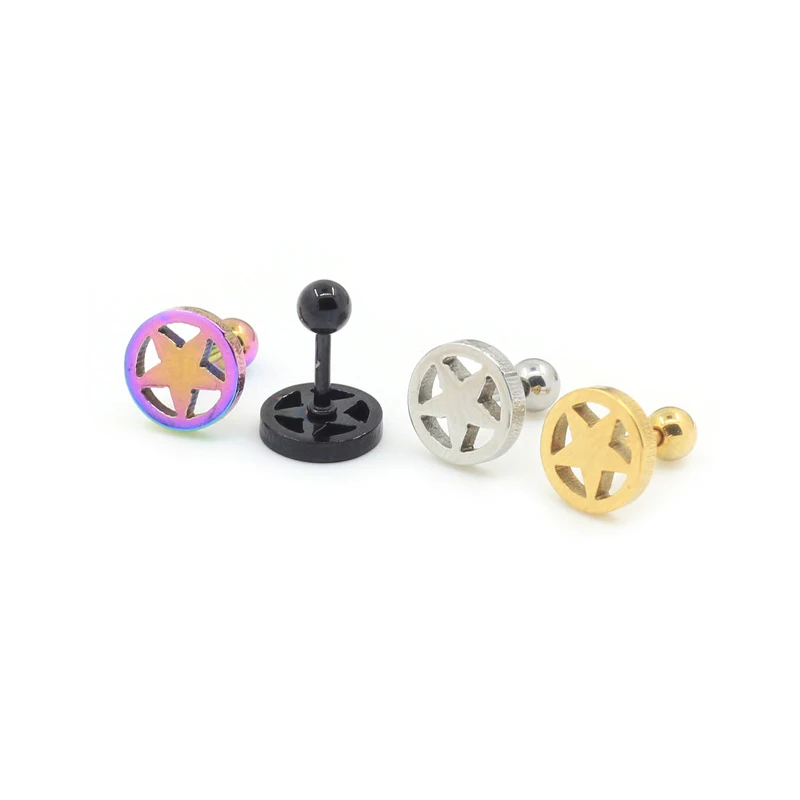 Alisouy Stainless Steel Earrings Pentagram Star Round Bolt Stud For Men Women Punk Gothic Wheel Black Female | Украшения и
