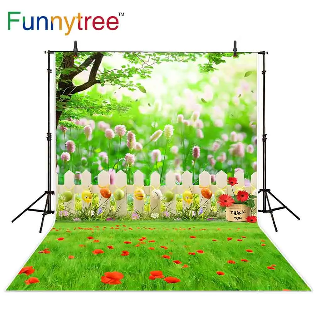 

Funnytree photography backdrops green lawn spring tree fence flowers colorful eggs newborn baby easter background photophone