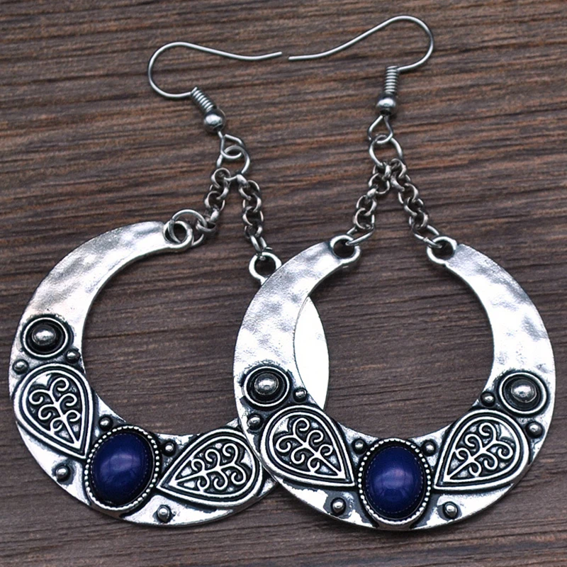 2 Pcs/Set Bohemian Retro Fashion Carved Opal Round Moon Gem Silver Color Pendant Earrings Personality Party Gift | Украшения и