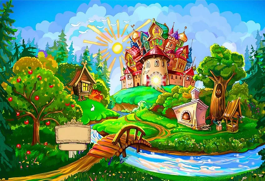 

7x5FT Green Fairy Forest Castle Palace River Bridge Custom Photo Background Studio Backdrop Vinyl 220cm x 150cm