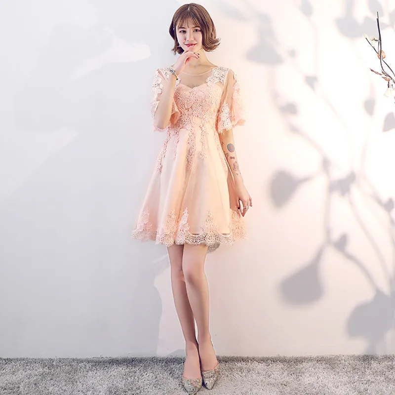 Pink Robe de soiree, черные кружевные модные короткие вечерние платья с открытой спиной, пышные рукава, vestido de festa, платья для выпускного вечера, Платья для вечеринок - Цвет: Pink