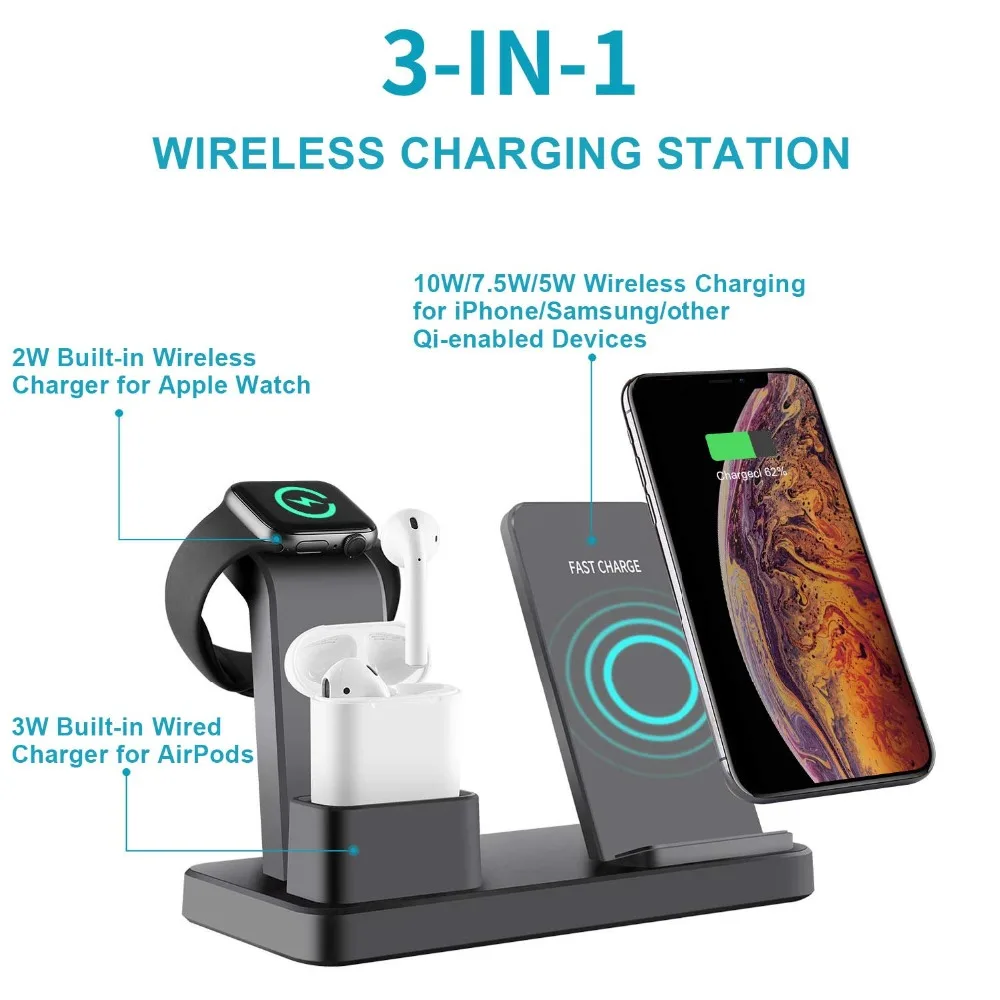 10W Fast Qi Wireless Charger Stand for Apple Watch 5 4 3 2 AirPods Charging Dock Station for iPhone 11 XS X XR 8 Samsung S10 S9