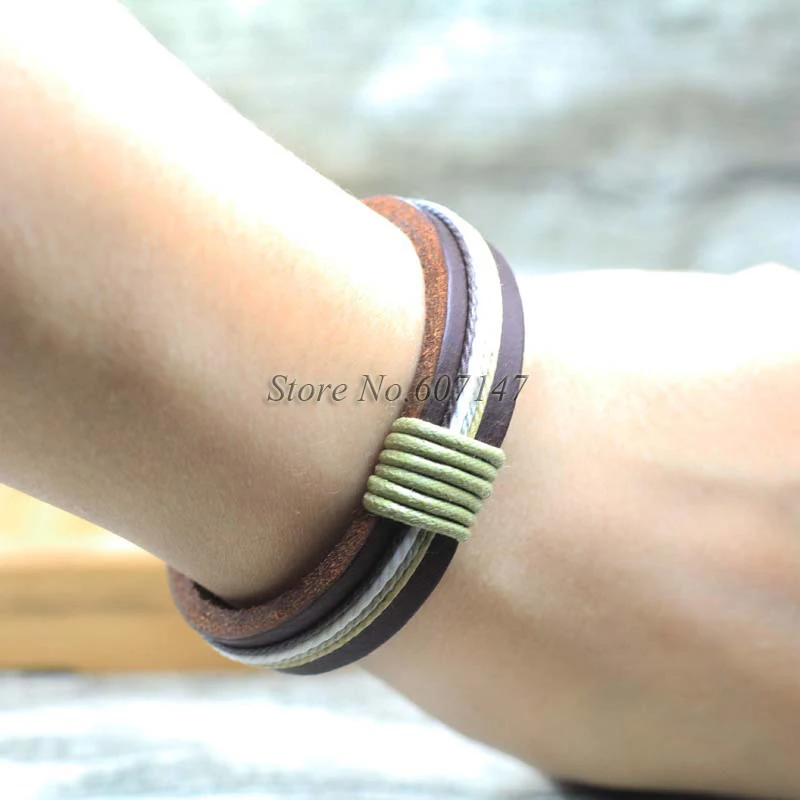 6pcs/lot Twist Handmade Bangle pulseira masculina Wrap Brown Retro Genuine Leather Bracelet Men with Braided Rope PT12 | Украшения и